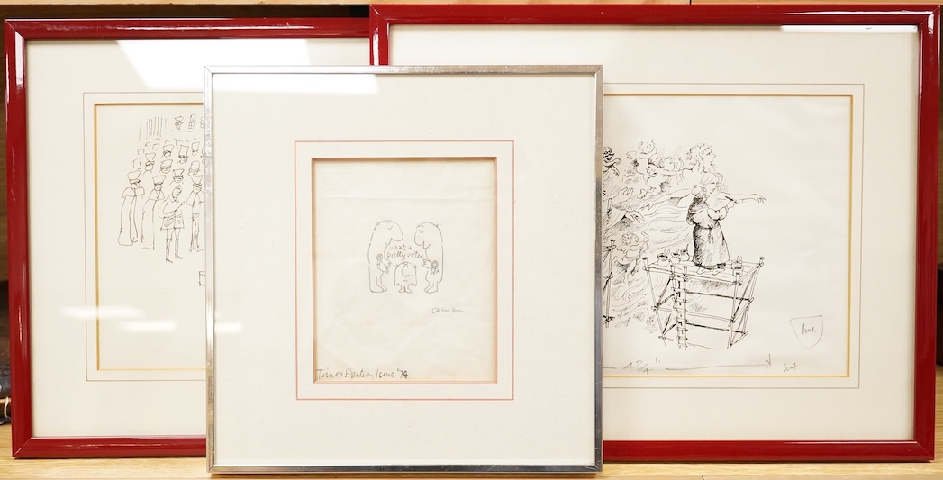 Martin Honeysett (1943-2015), Arthur Reid (20th. C), Mel Calman (1931-1994), three cartoons to include ‘Times Election Issue, ‘79, each signed, two inks and a pencil study, largest 19 x 27cm